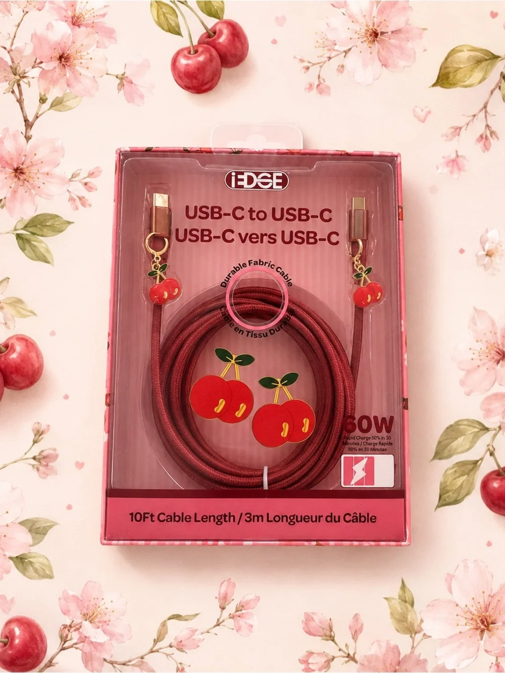 10Ft Cable Length USB-C to USB-C Cherry Fabric Cable w/Cherry charms